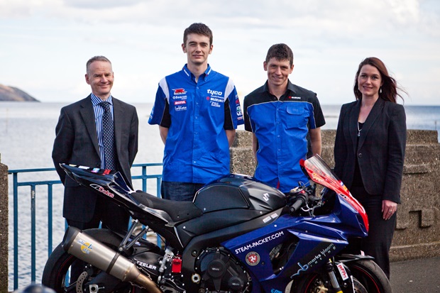 Isle of Man TT stars Conor Cummins and Dan Kneen with Steam Packet Company Commercial Director John Watt and Marketing and Online Manager Renée Caley